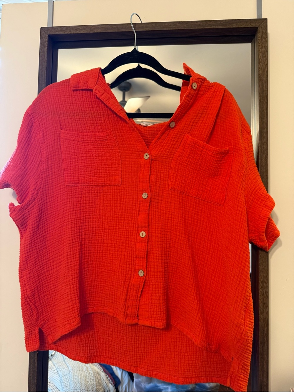 Relaxed Red Button-Front Cotton Gauze Shirt - Women